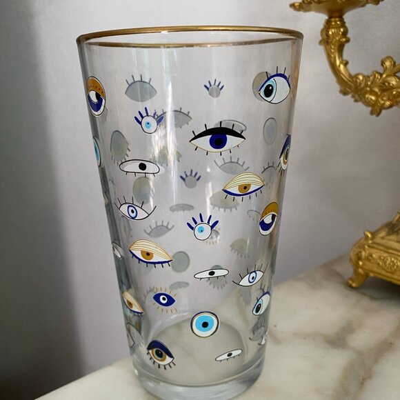Anthropologie Rakle Refined Glass Tumblers Gold Black Rim Hasma Hand Evil Eye - Picture 2 of 3